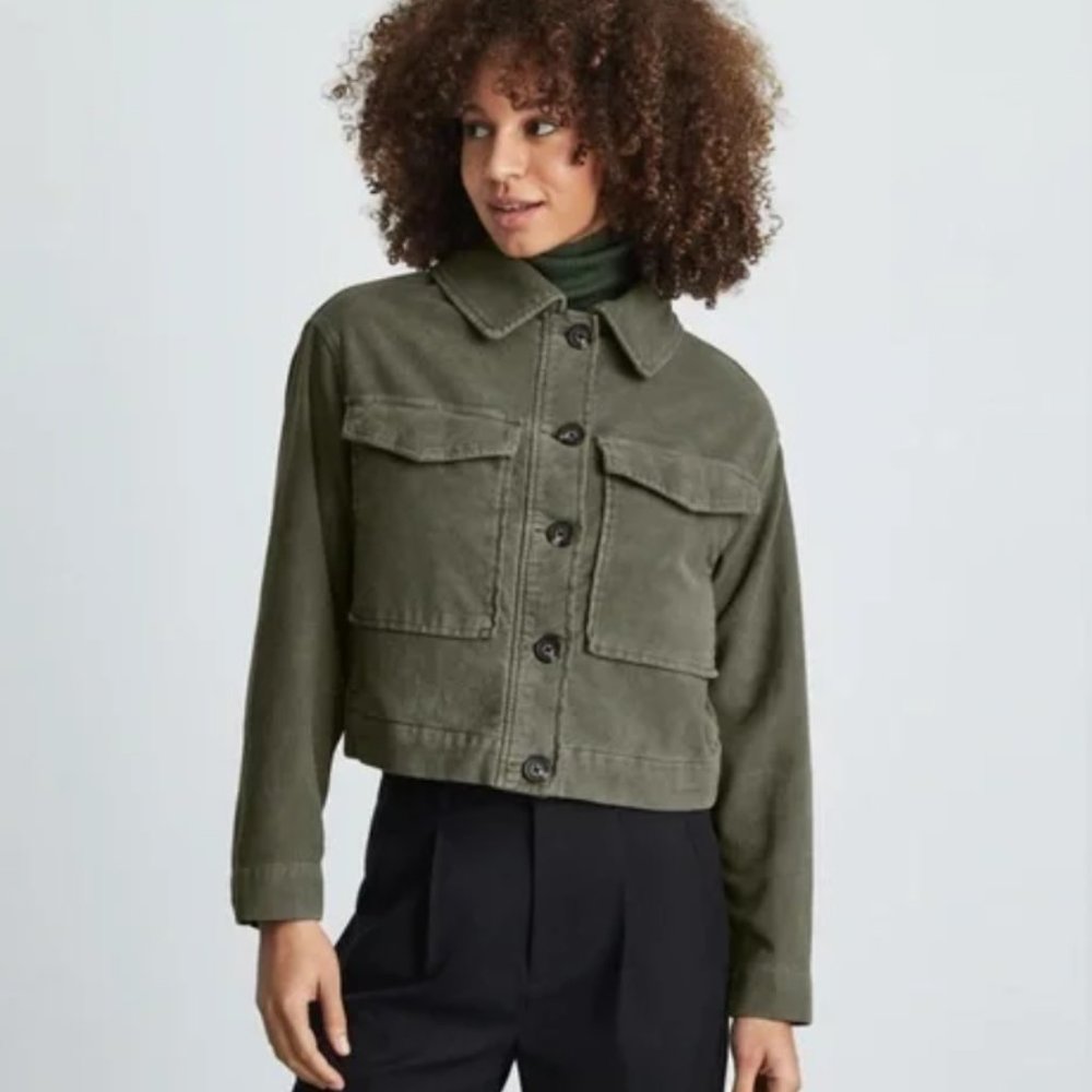 Everlane The Moleskin Utility Olive Green Distressed Cropped Jacket
